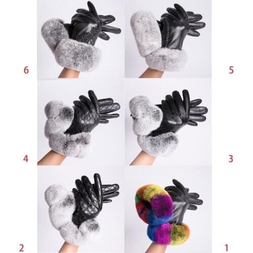 Women Winter Artificial Leather Touch Screen Gloves Cute Furry Wrist Thicken Plush Lining Thermal Warm Texting Driving Full Fing