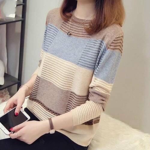 Spring and Autumn New Womens Korean-Style Color Matching Loose Striped Long-Sleeved Bottoming Sweater Pullover