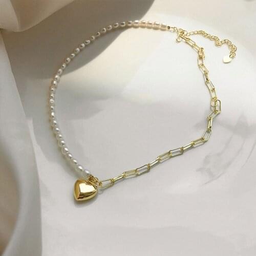 New Half Pearl Half Chain Love Pendant Necklace Female Temperament Simple Elegant Clavicle Chain