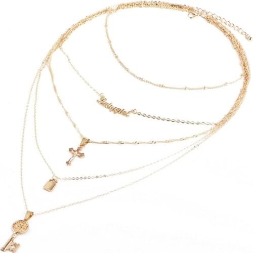 Bohemian Female Necklace Letter Cross Lock Key Pendant Necklace Set Women Fashion Valentines Day Gift Jewelry