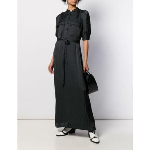 Women Satin Robe Puff Sleeve Solid Color Elastic Waist Sashes Elegant Long Dress