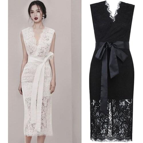 2021 summer new fashion sexy womens V-neck lace up waist show thin lace party dress