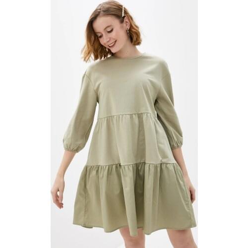 Women Vintage Ruffled A-line Party Dress Three Quarter Sleeve O neck Green Color Elegant Casual Dress 2021 Autumn Fashion Dress