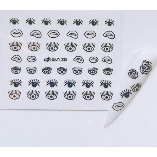 2PCS Nail Art Adhesive Sticker Sheet Black Rose Eye Bow Shell Heart Cross Design Sticker