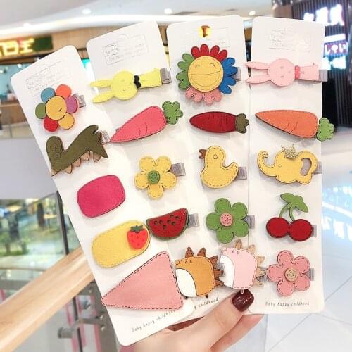 5/10Pcs/Set Girls Cute Cartoon Animals Fruit Leather Hairpins Children Lovely Hair Clips Barrettes Baby Kids Hair Accessories