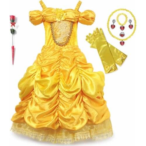 Princess Beauty and the Beast Belle Ball Gown for Girls Pageant Pleat Dress Yellow Lace Party Frocks Kids Cosplay Costume