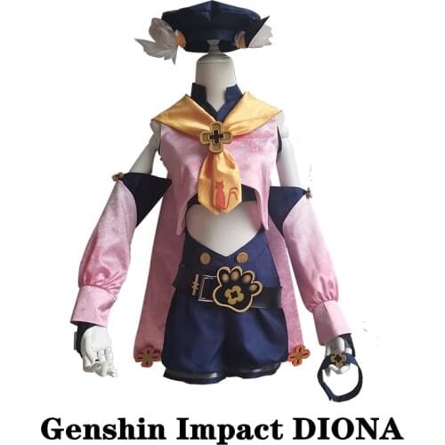 Game Cosplay for Girls Genshin Impact Diona Costume Bartender Clothes Anime Cat Tail Ears Accessories Set Project Tops Vest Hat