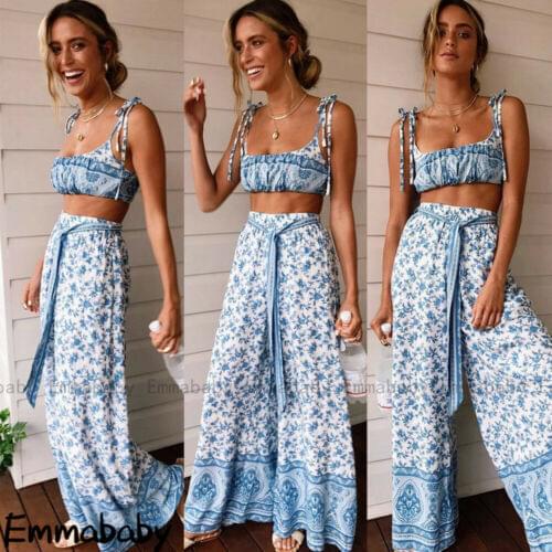 2 Pecs Suit Summer Tracksuit Sets Womens Outfits Boho Beach Style Print Underwear Loose Wide Leg Pants Ropa Mujer New