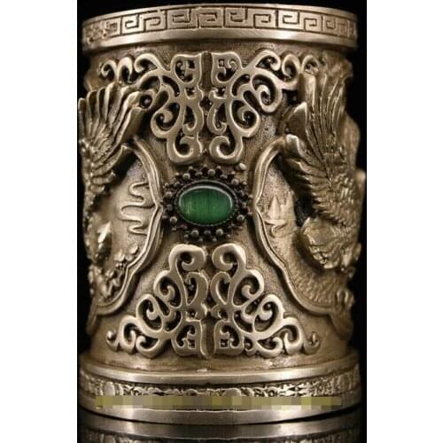3.94" Chinese copper silvering carved eagle inlay gem Pen container brush pot