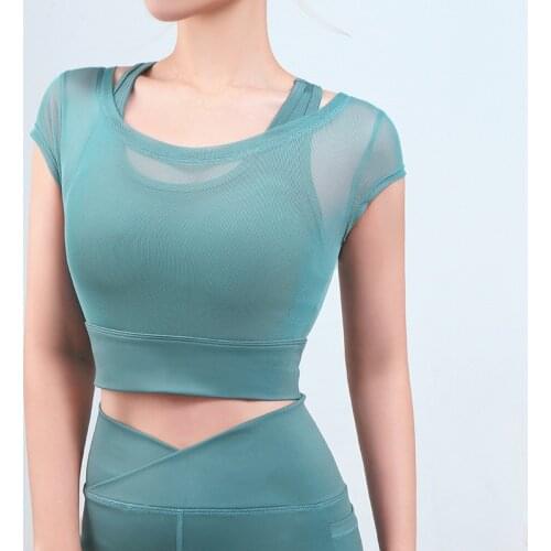 Fake Two Net Patchwork Yoga Crop Tops Women Shockproof Gather Gym Fitness Running Short Sleeve Sport T Shirts Tight Training Top
