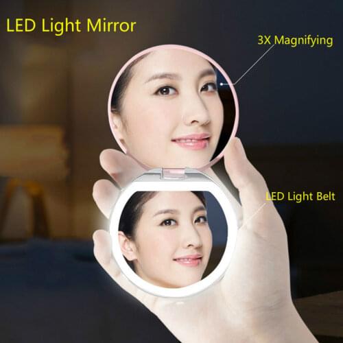 Mini Small USB Charging LED Makeup Mirror with Light Magnifying Decorative Compact Round Pocket Mirrors for Makeup Cosmetic Tool