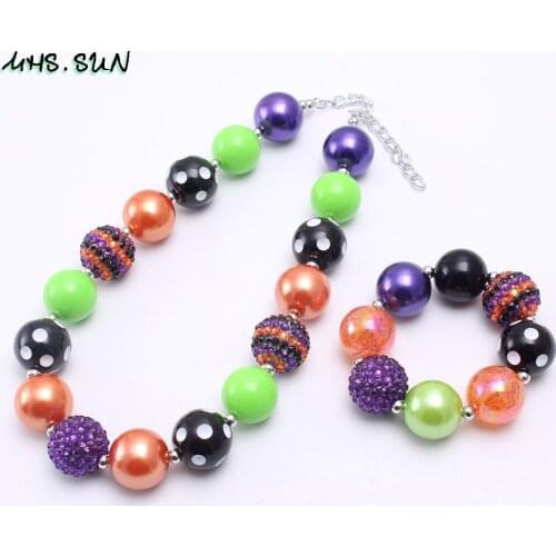 MHS.SUN Halloween Kids Girls Chunky Beads Necklace Bracelet Set Fashion Chunky Bubblegum Necklace Festival Beaded Jewelry Set
