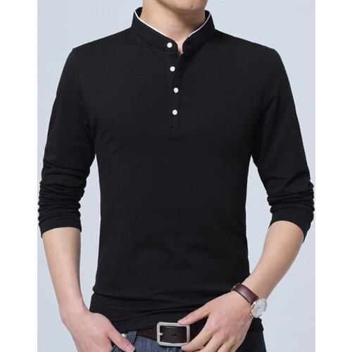 T-Shirt Men 2017 Spring Autumn New 95% Cotton T Shirt Men Solid Color Tshirt Mandarin Collar Long Sleeve Top Tees