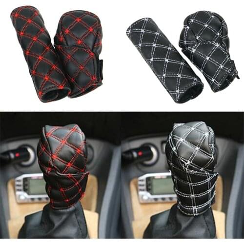Car Faux Leather Gear Shift Knob Cover Hand Brake Cover Sleeve 2 In 1 Set Accessories Car-mounted Hand Brake Block Opp