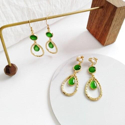 Natrual Forest Green Stone Clip on Earring No Pierced Ear Hole Palace Water Drop Crystal Clip Earrings Without Piercing