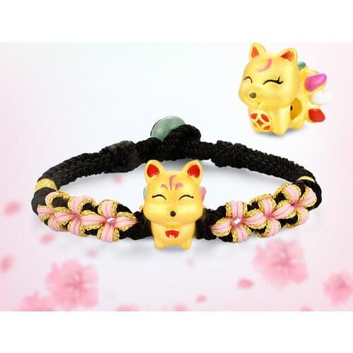 New Style Real 999 24K Yellow Gold Woman Bracelet 3D Lovely Fox with Pink Flower Weave Bracelet