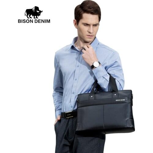 Bison Denim Genuine Leather Briefcase Business Travel Bag Male 14 inch Laptop Handbag Casual Shoulder Crossbody Bag Messenger