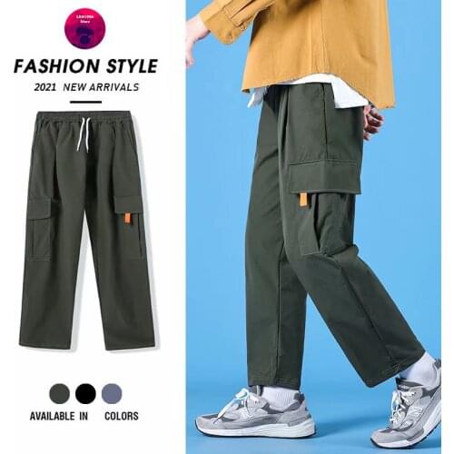 Casual Mens Clothing Japanese Fashion New Loose Solid Color Cargo Pants Streetwear Men Trousers Elastic Waist Straight-leg Pants