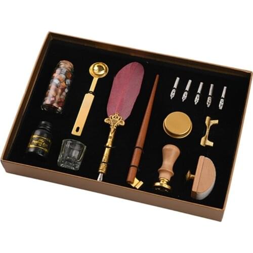 Retro Calligraphy Quill Feather Dip Pen with Nibs Wax Seal Stamp Holder Gift Box 1XCB