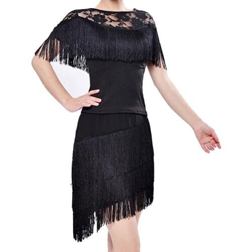 Plus Size Tassel Dance Dress Women 2 piece Set Salsa Tango Costume Asymmetrical Fringe Latin Dance Dress Performance Clothes