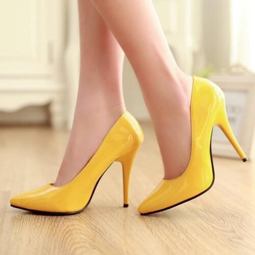 High Heel Pumps Stiletto Heel Patent Leather Women Shoes 2020 Spring Pointed Toe Sexy Ladies Shoes Yellow Size 42 43 44 45 46