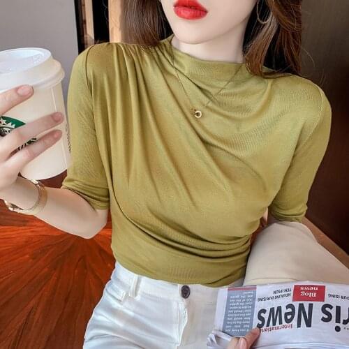Solid Half Sleeve T-shirts Undershirts Girls Solid Half Turtleneck Thin Wrinkled Tshirts Tops For Woman 2021 Spring Summer