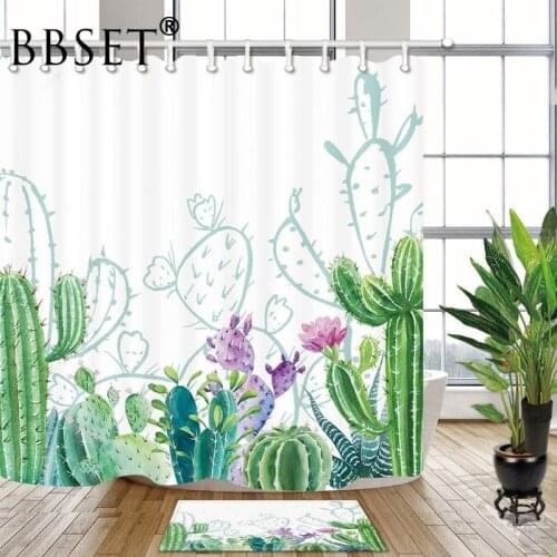 Cactus Shower Curtain Tropical Plant Green and Pink Cactus Pattern Waterproof Multi-size Douchegordijn Bathroom Decor with Hooks