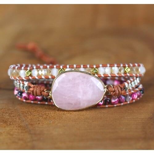 2020 Natural Stones pink Crystal Charm 3 Strands Wrap Bracelets Handmade Boho Bracelet for women Leather Bracelet jewelry gift