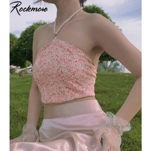 Rockmore Y2K Pink Cute Camis Chiffon Sexy Halter Backless Tops Women Flower Print Crop Top 2000s Aesthetic Kawaii Clothes Summer