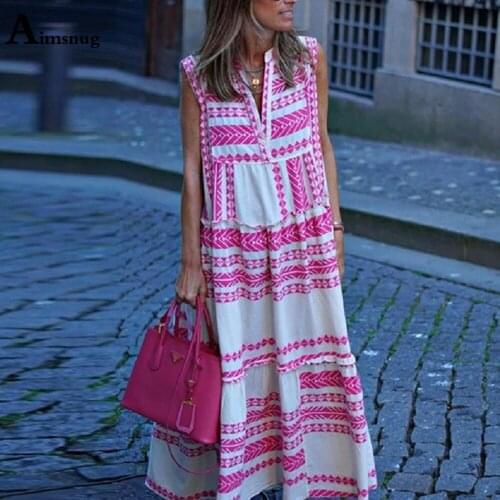 Ladies Elegant Long Maxi Dress Rose Red Patchwork Striped Print Party Dresses Loose Robe Vintage 2021 Women Sleeveless Dress