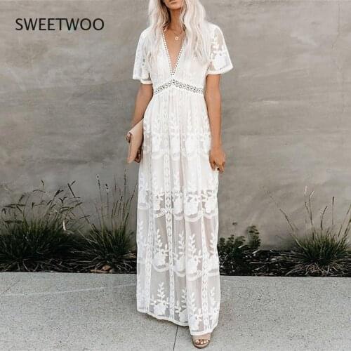 2021 European and American New Summer Dress Female White Lace Long-Sleeved V-Neck Solid Color Chiffon Summer Dress