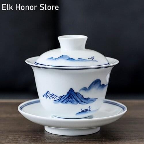180ml Hand Painted Landscape Tea Tureen Flower Bamboo Lotus Art Tea Bowl With Saucer Lid Kit Master White Porcelain Tea Sets