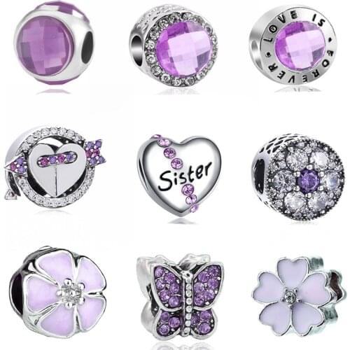2Pcs/Lot Purple SISTER Forever Love Crown Charm Beads Fits Original Brand Bracelets Necklace For Women Jewelry DIY Accessories
