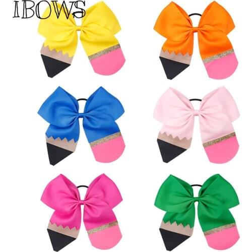 5 inch Pencil Glitter Cheer Bows Back To School Barrettes Elastic Hair Rope For Preschool Graduation Kids Hair Accessories