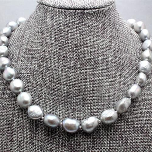 Real 9-10MM Natural Silver Gray Akoya Cultured Pearl Baroque Necklace 18inch