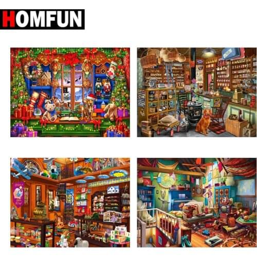 HOMFUN 5D Diamond Pattern Rhinestone Needlework Diy Diamond Painting Cross Stitch "Attic cat shop Christmas" Diamond Embroidery