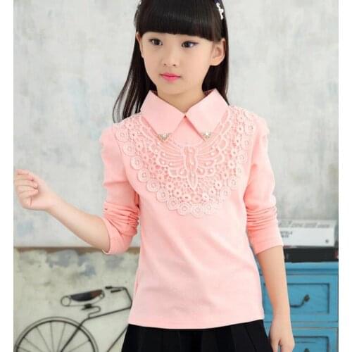 New School Girl White Blouse Pearls Lace Long Sleeve Turn-down Collar Baby Toddler Teen Shirt For Kids Shirts Girls Tops Blouses