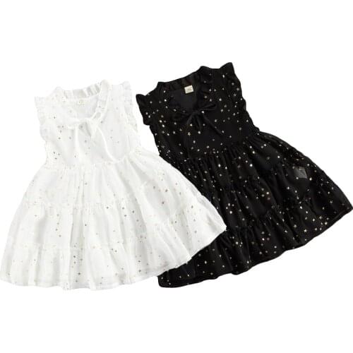 Citgeett Summer 2-7Y Cute Toddler Baby Girls Dress Stars Print Ruffle Sleeveless Hollow Bow Collar Dress Outfit Clothes