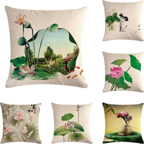 Blooming Lotus Pillow Cover Linen Cushion Covers Living Room Sofa Home Decoration Pillow Case 45*45cm Square Pillowcase ZY315