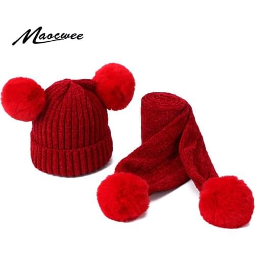 Children Scarf Hat Set Girls Winter Warm Suede PomPon Beanies Knitted Cap Wool Crochet Caps Unisex Kids Striped Skullies Hats