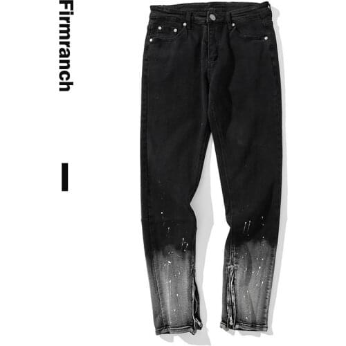 Firmranch New Men/Women Vibe Black Jeans For Men 2021 High Street Splash-ink Stacked Jeans Homme Zip Up Pencil Pant Moto Trouse