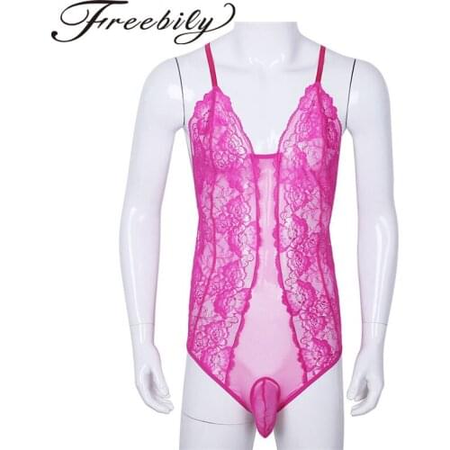 FREEBILY Gay Mens Sexy One-Piece Body Suit Sheer Crossdress Lingerie Floral Lace Black Sissy Bodysuit Nightwear with Bulge Pouch