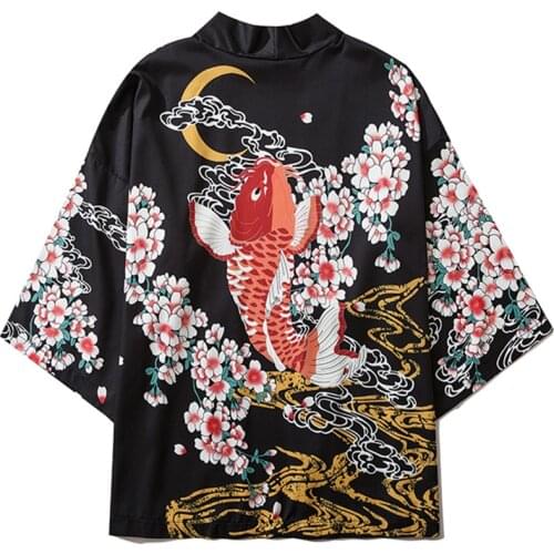 Fish Carp Sakura Print Japanese Style Beach Kimono Haori Men Women Cardigan Traditional Cosplay Asian Clothes Yukata Female