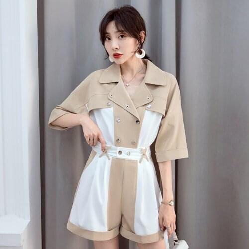YIGELILA Fashion Women Playsuits V-neck Half Sleeve Patchwork Slim All-match Casual Jumpsuits 5864