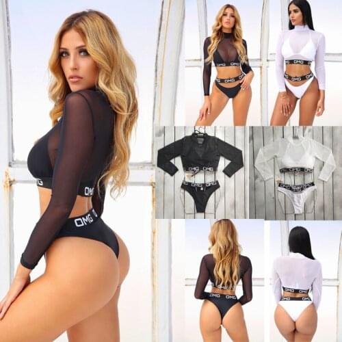 3PCS Hot Sale Women Bandage Push-up Triangle Swimwear Bathing Suit Padded Bra Bikini Set With Cover-Ups Long Sleeve Top Swimsuit