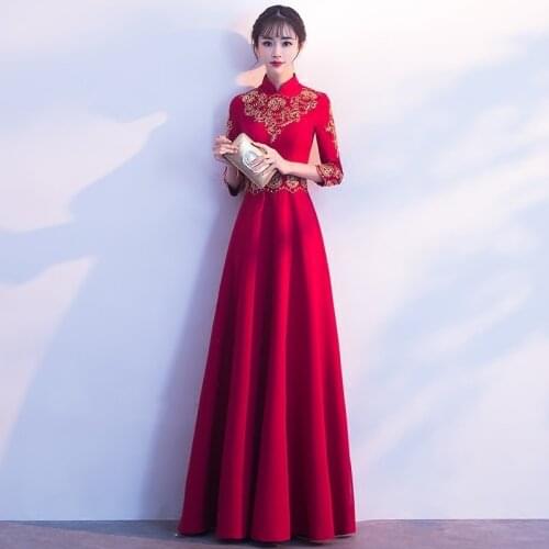 Red Embroidery Chinese Evening Dress Long Bride Wedding Qipao Oriental Style Party Dresses Bridesmaid Robe Ceremonie Fille Gowns