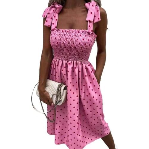 Fashion Dress Adjustable Shoulder Straps Women Floral Dot Print Waist Tight A-line Sling Dress for Party