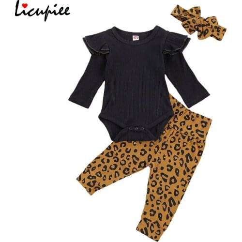 0-24 Month Casual Baby Girl Clothes Infant Autumn Fly Long Sleeve Knited Solid Color Top Romper+leopard Long Pants Headband Set