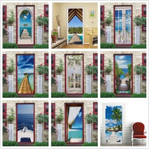 3D Seascape Door Wallpaper Adhesive Vinyl Sea Island Sticker Porte For Kitchen Bedroom Home Design Wall Decoration Poster Mural