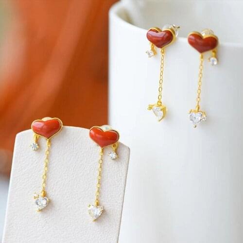 New silver inlaid with natural south red love agate long earrings romantic fresh unique craft gold women luxury brand jewelry